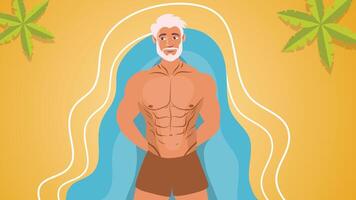Shirtless blond man smiling with wavy background and tropical palm trees vector