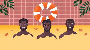 Group of dark-skinned men enjoying tropical summer fun in beach environment vector
