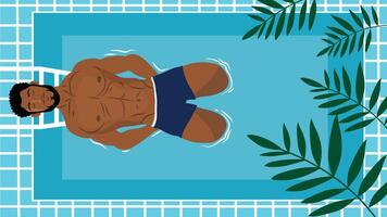 A man floating peacefully in a pool surrounded by tropical greenery vector