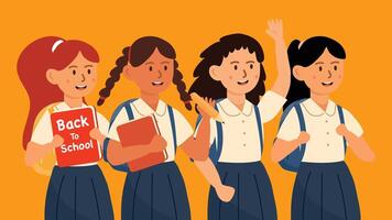 Four schoolgirls standing in uniform smiling and waving confidently vector