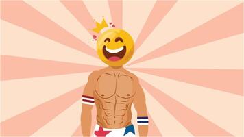 Smiling emoji with crown on a buff cartoon body over sunburst background vector
