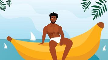 A muscular man in white shorts sitting on big banana float in ocean vector
