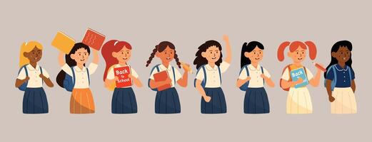 A full lineup of schoolgirls holding books and smiling with confidence vector