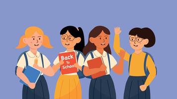 Four cheerful girls holding books in uniform smiling and waving to camera vector