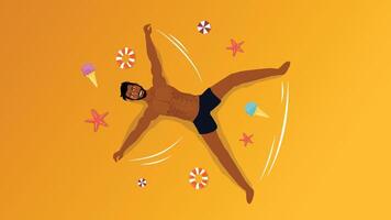 A muscular man lying on yellow sand surrounded by summer sweets and shells vector