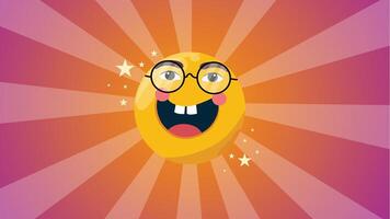 Bright emoji face with glasses shining in colorful burst background vector