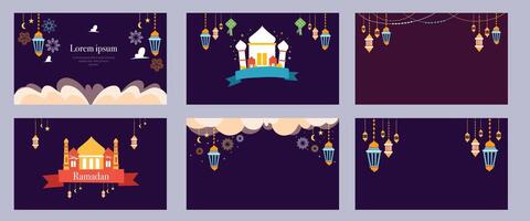 A glowing set of ramadan themed illustrations with mosques lanterns and festive decorative lights for celebrations vector