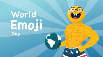 Strong cartoon emoji in American shorts celebrating World Emoji Day vector