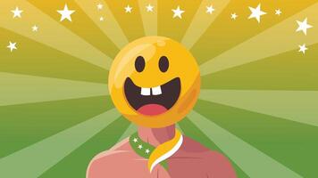 A muscular body with smiling emoji face shines with stars and green background vector