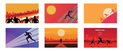 Athletic Movement Sunset Runner Scene Bundle Set vector