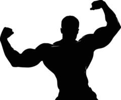 Bodybuilder silhouette in form flexing muscles in strong stance, designed for gym branding, fitness programs, athletic apparel, or strength and conditioning promotional materials. vector