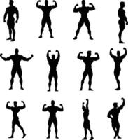 Collection of Athletic Male Silhouettes Showing Defined Muscles in Different Standing, Flexing, and Exercise Positions Bodybuilding, Gym, and Fitness Art Isolated vector
