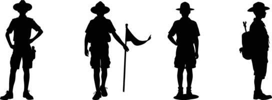Silhouette Set of Boy Scouts in Uniforms with Camping Gear and Outdoor Poses Highlighting Adventure, Leadership, Survival Skills, and Scouting Activities in Nature vector