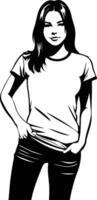 Silhouette of Casual Girl in T-Shirt and Jeans Standing with Hands in Pockets Expressing Relaxed Style, Youthful Confidence, Everyday Fashion, and Minimalist Attitude in Form vector