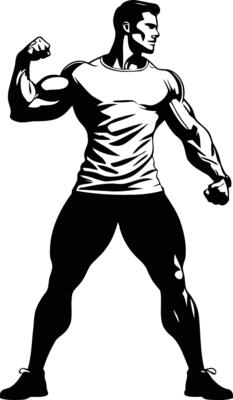 Powerful male athlete silhouette with visible muscle definition and dominant posture designed for sports design templates gym graphics fitness ads or bodybuilding illustration use.