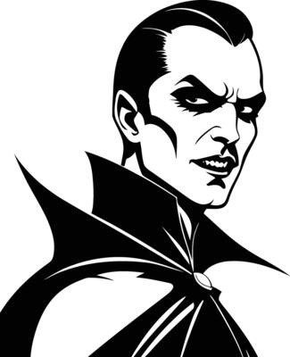Silhouette of traditional vampire character with sharp fangs and vintage clothing, perfect for gothic horror artwork, Halloween decor, fantasy designs, or dark-themed creative projects.