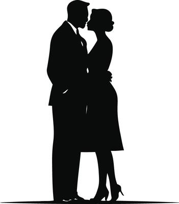 Silhouette of Retro Couple in Vintage Attire Representing Mid-20th Century Fashion, Classic Romance, Nostalgic Love, and Timeless Elegance in Retro Style Illustration