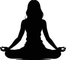 Silhouette of Woman Meditating with Floating Elements Representing Enlightenment, Energy Flow, and Spiritual Awakening in Creative Illustration vector