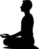 Silhouette of Man Meditating with Floating Elements Representing Enlightenment, Energy Flow, and Spiritual Awakening in Creative Illustration vector