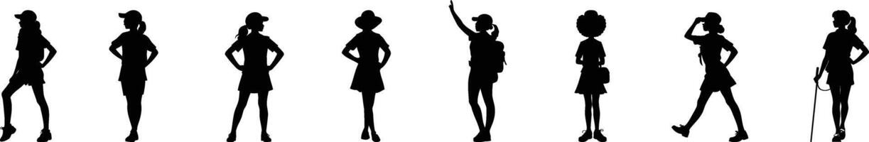 Silhouette Set of Girl Scouts in Uniforms with Backpacks and Outdoor Gear Representing Adventure, Teamwork, Leadership, and Scouting Activities in Illustration Style vector
