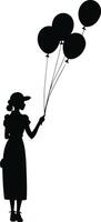Silhouette of Female Figure with Balloons in Hand Depicting Party Mood, Uplifted Emotion, Positive Vibes, and Whimsical Celebration in Minimalist Design vector