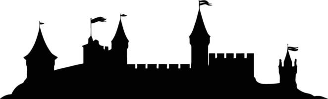 Silhouette of a classic medieval fortress isolated on white, designed for fairytale-themed artwork, fantasy posters, storybook backgrounds, or magical castle branding projects. vector