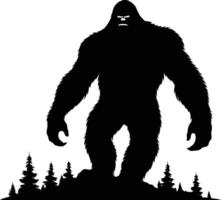 Silhouette of Sasquatch Walking Through Forest Trees Depicting Bigfoot Legend, Cryptid Creature, Wilderness Mystery, and Folklore Adventure in Illustration Style vector