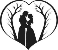 Silhouette of Medieval Lovers Embraced Inside a Heart Shape Representing Romance, Chivalry, Historical Love, Knights, and Timeless Affection in Gothic and Classic Art Style vector