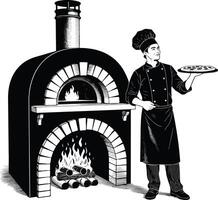A black and white image of a chef holding a pizza vector