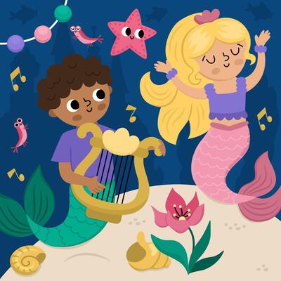 landscape illustration with dancing mermaid and boy playing harp. Ocean or sea kingdom scene with seaweeds, starfish, marine princess and prince. Cute square fairytale background for kids