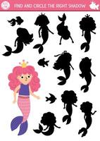 Mermaid shadow matching puzzle for kids vector