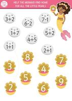 Count and match the numbers mermaid game with sea princess, pearls, seashells. Fairytale ocean kingdom math activity for kids. Marine educational counting worksheet. Find the right shell vector