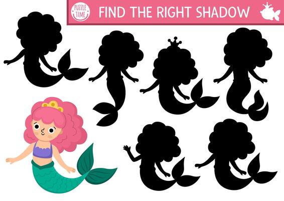 Mermaid shadow matching activity with sea princess. Fairytale ocean kingdom puzzle with cute girl with tail. Find correct silhouette printable worksheet, game. Marine page for kids. Find right shadow