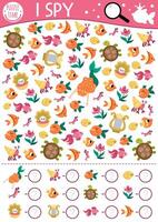 Mermaid I spy game for kids. Searching, counting activity with harp, turtle, seashell, water lily, crab. Fairytale ocean kingdom printable worksheet for children. Simple marine spotting puzzle vector