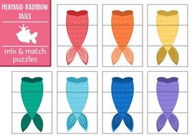 mermaid rainbow mix and match puzzle with cute fish tails. Matching fairytale ocean kingdom activity for preschool kids. Marine color recognition educational printable game vector