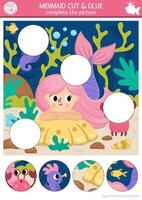mermaid cut and glue activity. Ocean kingdom crafting game with cute sea princess and marine landscape. Fill up the scene with round sticker. Find the right piece of puzzle. Complete the picture vector