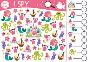 Mermaid I spy game for kids. Searching, counting activity with merman, jellyfish, palace, ship, octopus. Fairytale ocean kingdom printable worksheet for children. Simple marine spotting puzzle vector