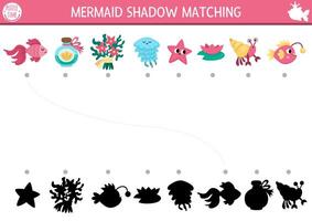 Mermaid shadow matching activity with starfish, jellyfish, fish, seaweeds. Fairytale ocean kingdom puzzle with. Find correct silhouette printable worksheet, game. Marine page for kids vector
