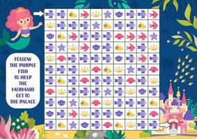 Mermaid maze, seek and find game with seashells, crown. Attention skills puzzle. Marine printable activity for kids. Logical searching puzzle. Follow purple fish to help sea princess get to castle vector