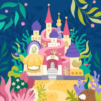 landscape illustration with mermaid castle. Ocean or sea kingdom scene with seaweeds, fish, corals, marine princess palace on seabed. Cute square fairytale background for kids