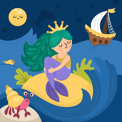 landscape illustration with mermaid with green hair, night sky, ship on ocean waves. Sea scene with marine princess sitting on sand island. Cute square fairytale background for kids