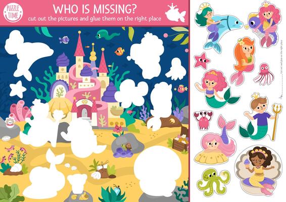 mermaid cut and glue activity. Crafting game with cute underwater kingdom landscape. Fun marine printable worksheet for children. Find the right piece of the puzzle. Complete the picture