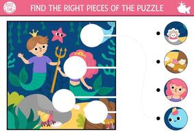 Mermaid matching activity with marine scene, sea prince, princess. Fairytale ocean kingdom puzzle, game, printable worksheet. Water life match up page. Find missing parts of the picture vector