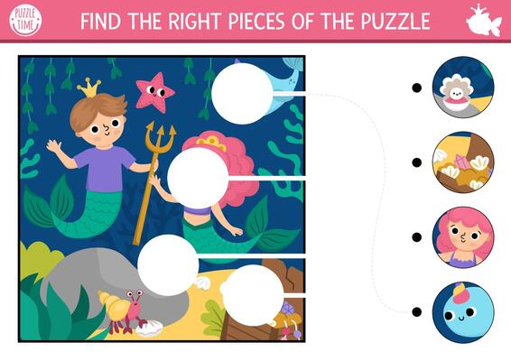 Mermaid matching activity with marine scene, sea prince, princess. Fairytale ocean kingdom puzzle, game, printable worksheet. Water life match up page. Find missing parts of the picture