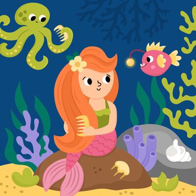 landscape illustration with mermaid sitting on the rock combing hair. Ocean or sea kingdom scene with seaweeds, octopus, marine princess. Cute square fairytale background for kids