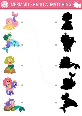 Mermaid shadow matching activity with sea princesses. Fairytale ocean kingdom puzzle with cute girls with pets. Find correct silhouette printable worksheet or game. Marine game page for kids