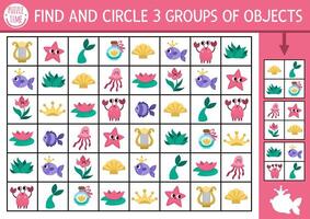 Mermaid seek and find game. Attention skills training puzzle with seashell, crab, comb, crown. Fairytale ocean kingdom printable activity for kids. Marine searching puzzle. Find groups of objects vector