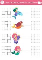 Mermaid drawing, writing, tracing, space orientation activity for kids with sea princesses. Draw the lines in square box according the example. Fairytale ocean kingdom preschool printable game, puzzle vector