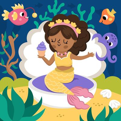 landscape illustration with mermaid with dark skin sitting in seashell, eating cupcake. Ocean or sea kingdom scene with fish, marine princess. Cute square fairytale background for kids