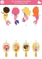 Mermaid matching activity with front and back view. Marine puzzle with sea princess reflections in mirror. Match objects game. Ocean kingdom printable worksheet. Fairytale logical page vector